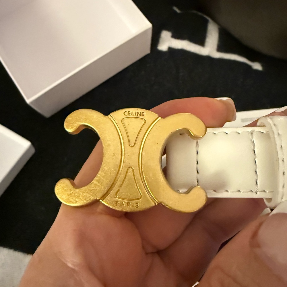 Celine Women's Belt with Gold Buckle and White Strap